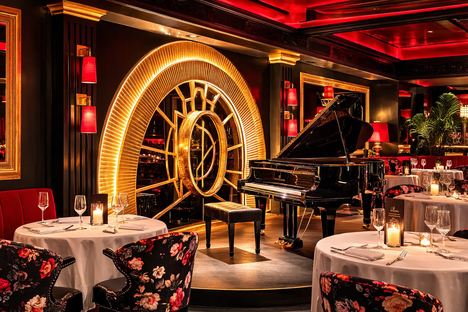 Candlelit tables and a grand piano in an opulent New York dining room